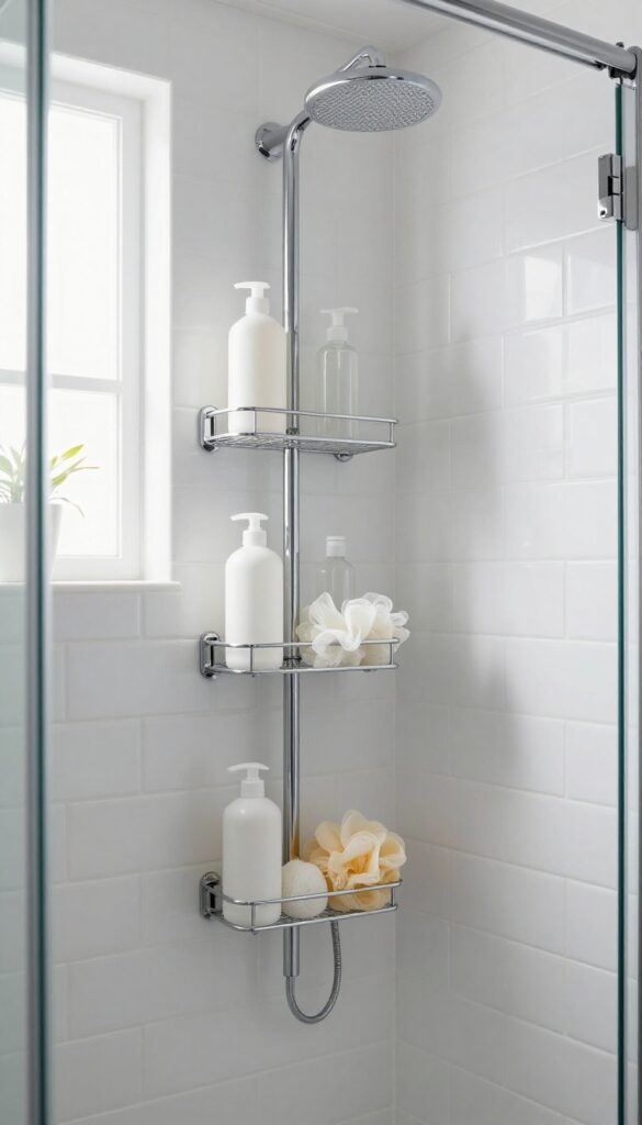 Tension pole caddy in a tiled shower with shelves holding toiletries