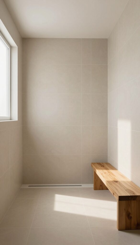 Large matte tiles in a walk-in shower with teak bench and soft lighting