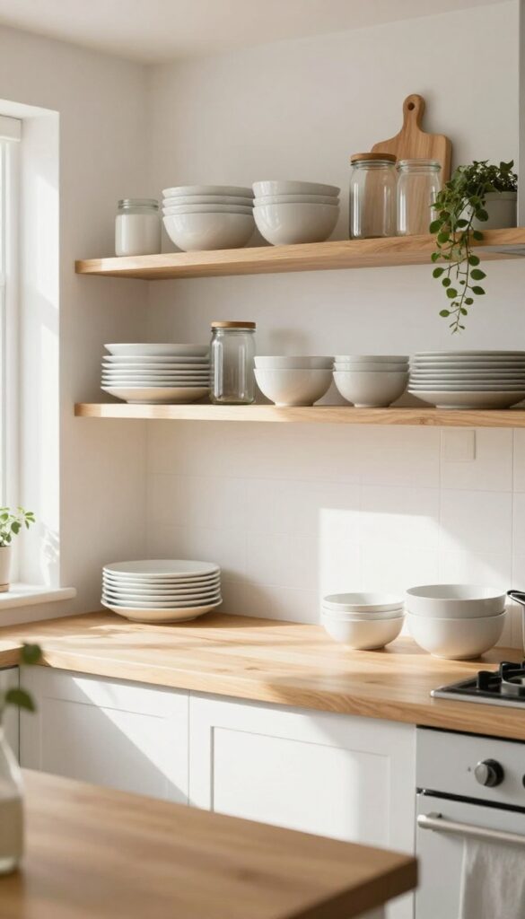 Open shelving with white dishes and a plant in a bright kitchen diner