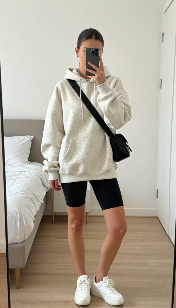 Woman in oversized hoodie and biker shorts taking a mirror selfie, wearing a short pearl necklace and chunky sneakers, with a crossbody bag.