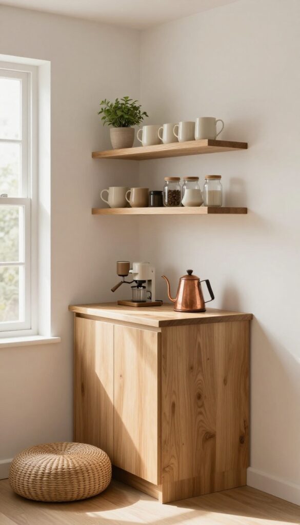 Cozy corner coffee station with floating shelves, wooden platform, copper kettle, and pouf in bright kitchen