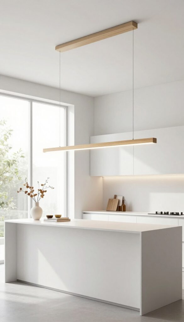 Modern kitchen with linear suspension lights over island