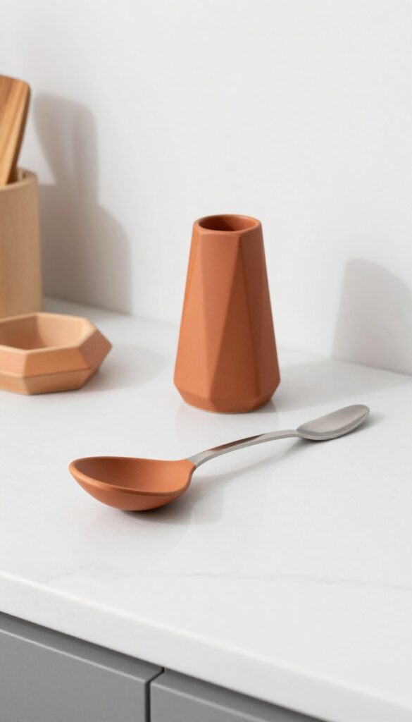 A terracotta geometric spoon rest and utensil holder on a white marble countertop in a bright kitchen.