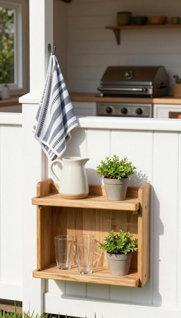Fold-down shelf on fence with drinks and plant in sunny backyard