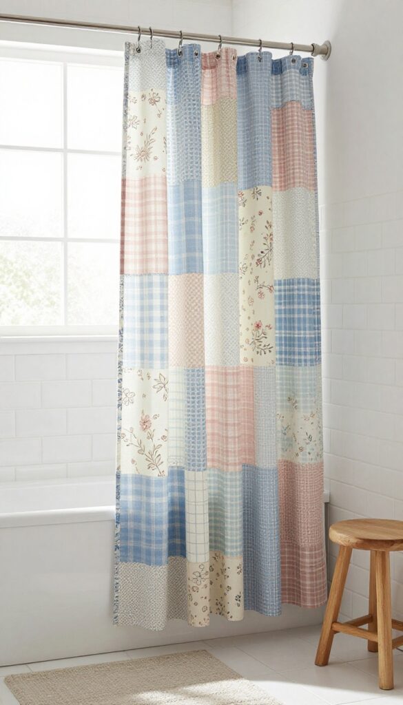 Patchwork quilted shower curtain in a bright bathroom with natural light