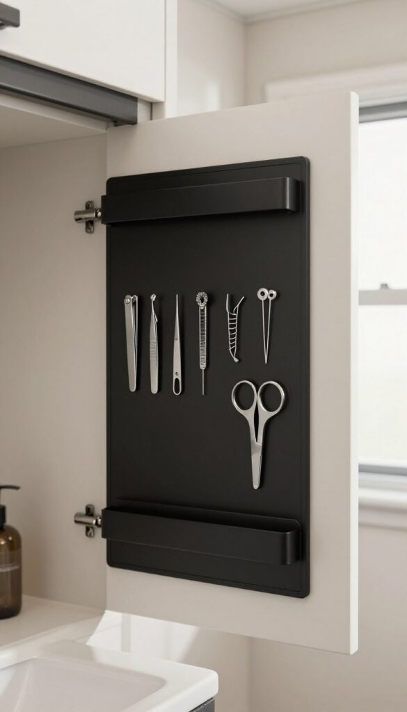 A close-up view of a magnetic strip in an RV bathroom holding small metal tools like nail clippers and tweezers for organized storage.