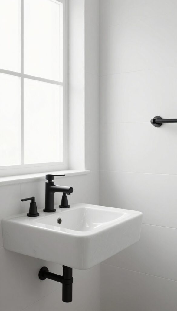 A modern bathroom with black fixtures including faucet, showerhead, and towel bars against white marble and tiles, highlighting a clean and timeless design upgrade.