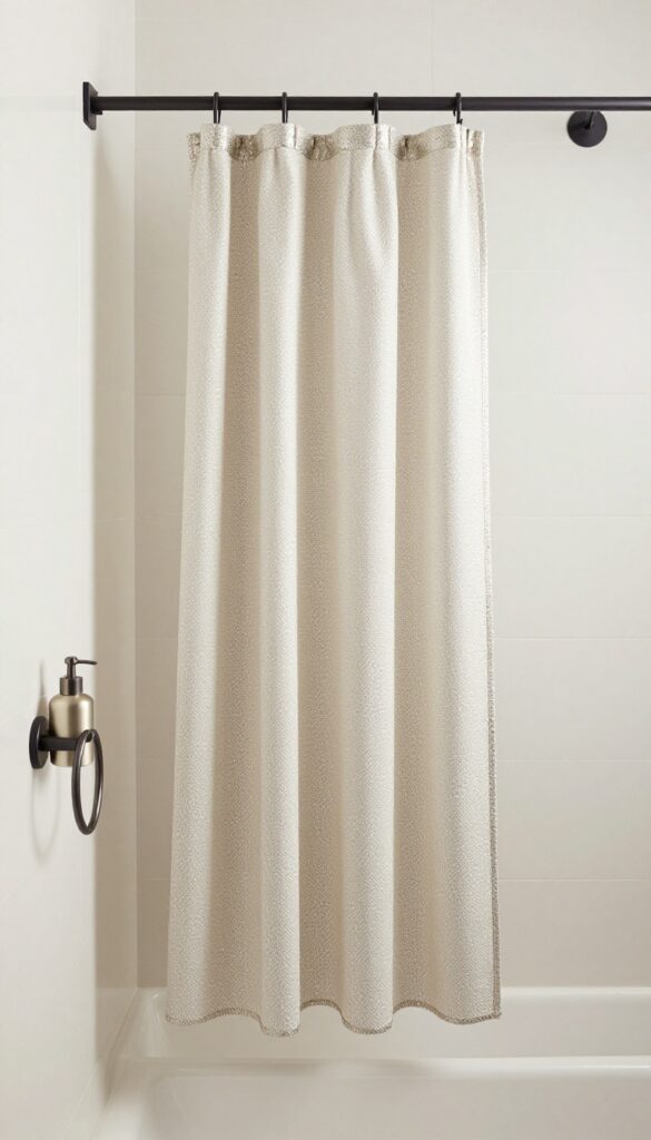 A small modern bathroom with a shower curtain featuring subtle metallic accents in bright natural light, showcasing elegant style without bulk for home decor inspiration.