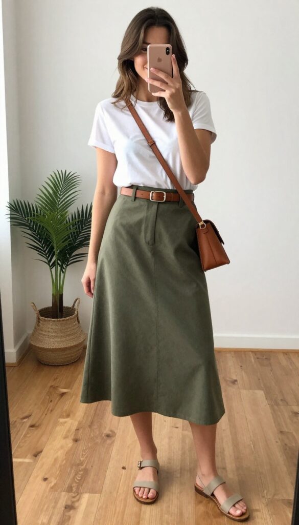 Woman with rectangle body shape wearing high-waisted olive A-line skirt and white fitted tee, taking a mirror selfie in a bright room.