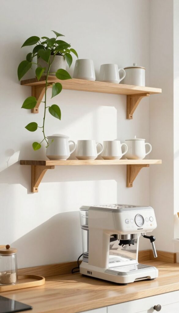 Wall-mounted shelf above coffee machine with mugs and plant