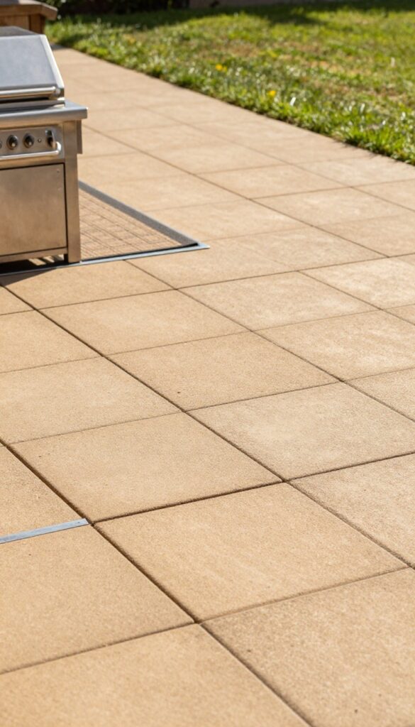 DIY paver patio with grill and outdoor rug in backyard