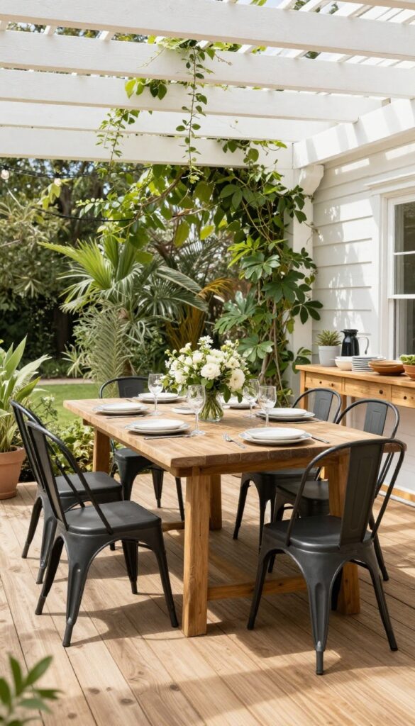 Large deck with outdoor dining table under pergola, set with chairs and tableware, surrounded by plants and string lights.