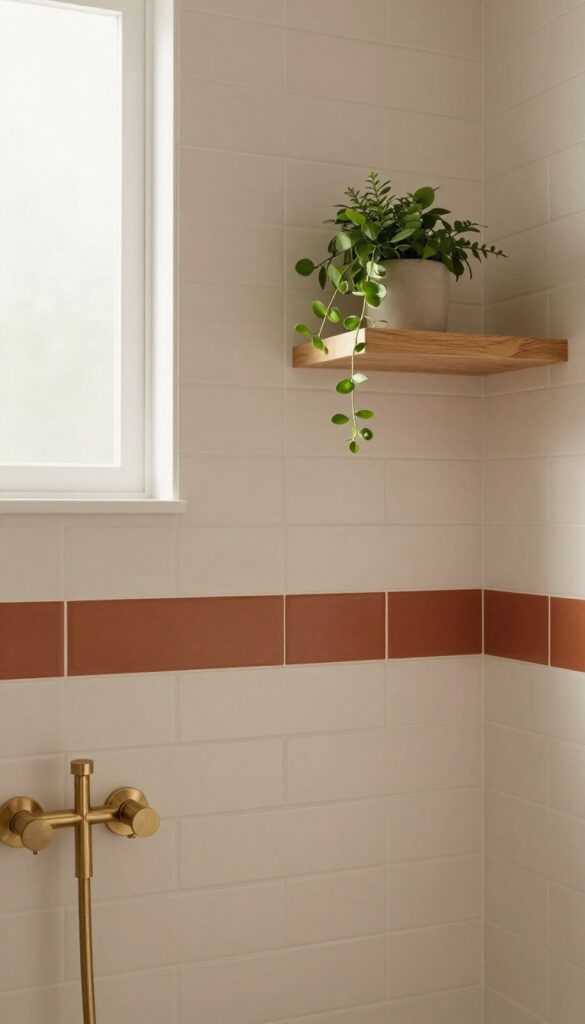Beige subway tile shower with a single horizontal stripe of darker terracotta tiles at eye level, warm wood shelf, and matte brass fixtures.