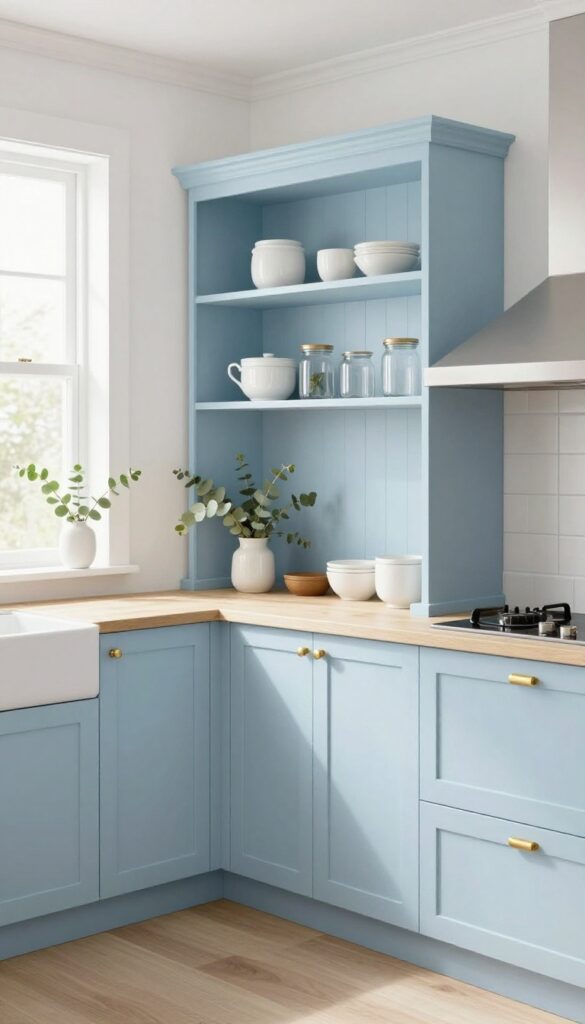 Soft pastel blue painted hutch in a bright kitchen with open shelves displaying white ceramics and eucalyptus.
