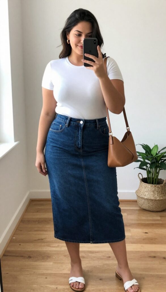 Plus-size woman in high-waisted denim A-line skirt and fitted white tee, taking a mirror selfie with phone partially covering face.