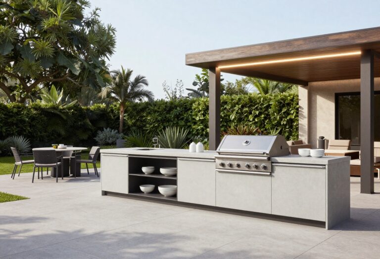 Modern backyard kitchen with built-in grill, concrete countertops, open shelving, and pergola lighting
