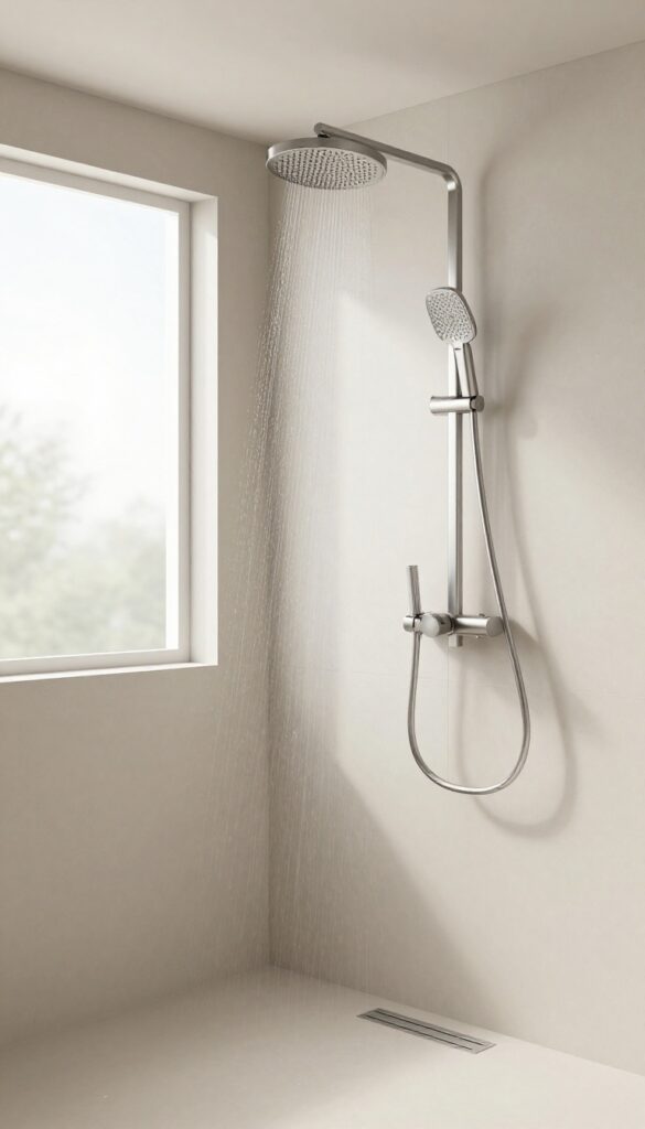 Extra-large rain shower head in a small bathroom with brushed steel finish and light neutral tiles