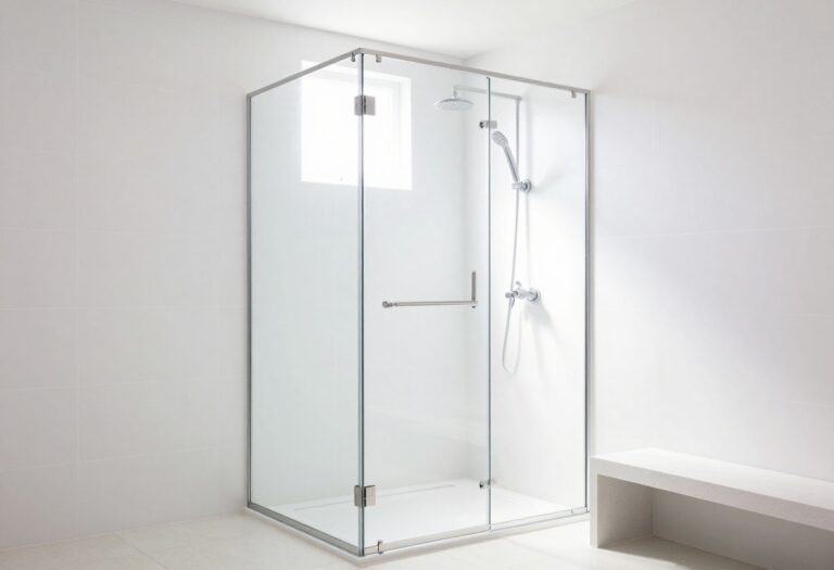 Modern master bathroom walk-in shower with frameless glass, large white tiles, rainfall showerhead, and built-in bench in a bright, minimalist setting.