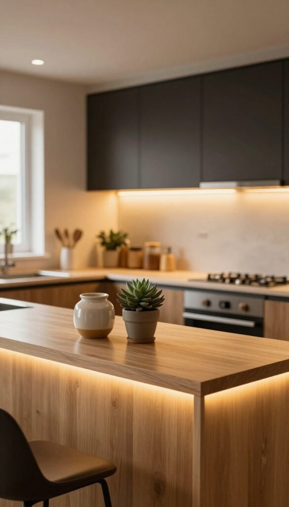 Warm under-cabinet LED lighting illuminating a kitchen pass through countertop with ceramic jar and succulent, cozy ambiance.