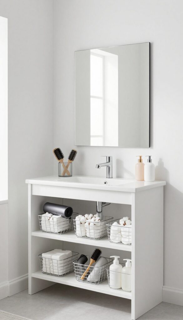 Wall-mounted wire baskets on a bathroom wall holding cotton pads, hair tools, and lotions for organized storage
