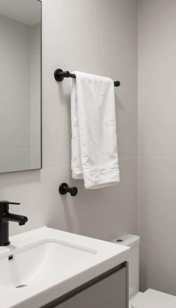 Modern men's bathroom with matte black fixtures including faucet and towel bar against white sink and light tiles.