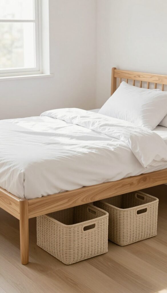 Neat under-bed storage with matching woven bins in a bright, airy small bedroom.