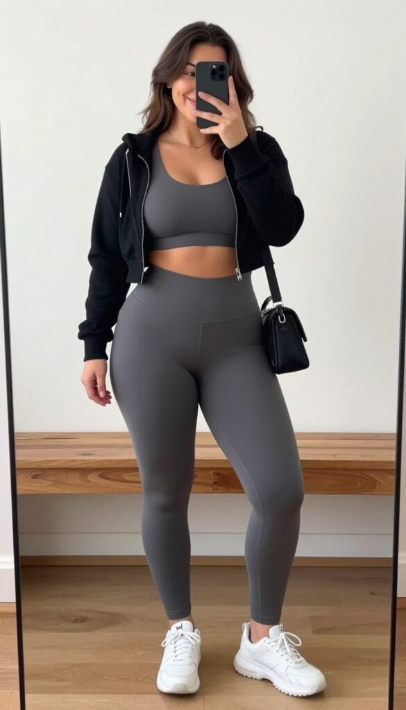 Plus-size woman in a matching gray workout set with a cropped black hoodie and white sneakers, taking a mirror selfie in a bright gym locker room.