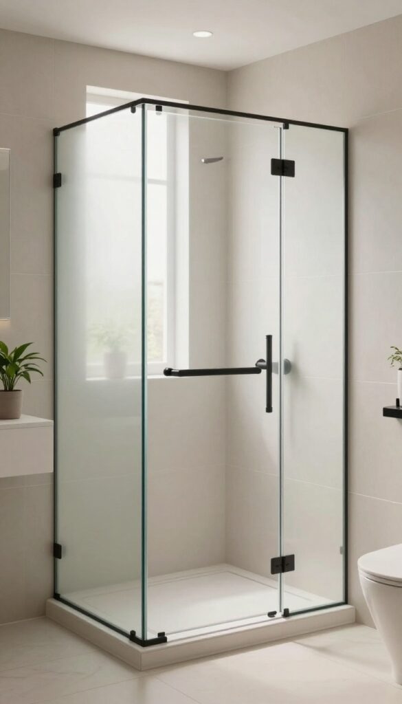 A modern bathroom shower with frosted glass panels for privacy, allowing soft light to filter through, paired with minimalist fixtures and plants