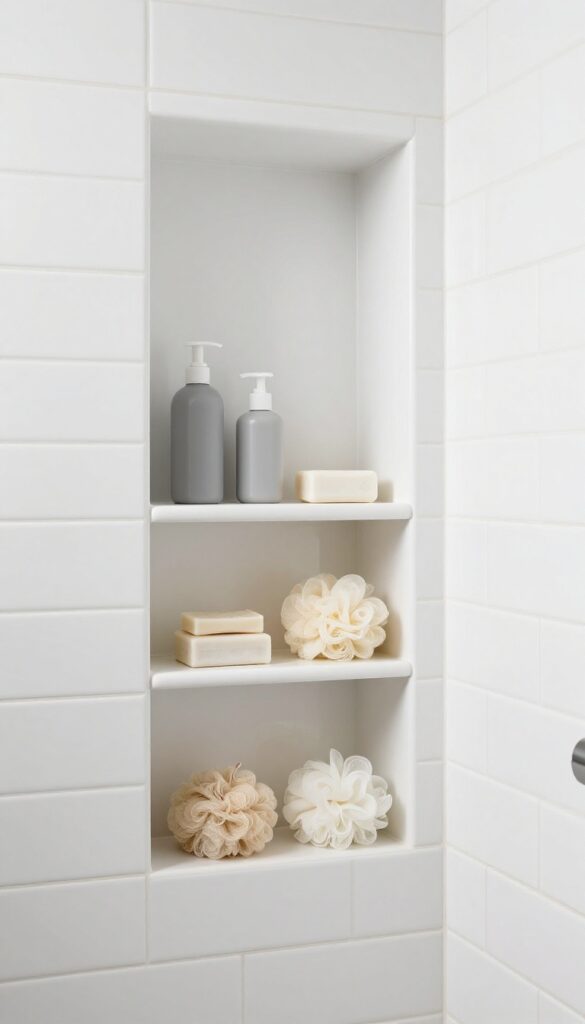 A modern standing shower with built-in niche shelving for organized storage of toiletries in bright natural light.