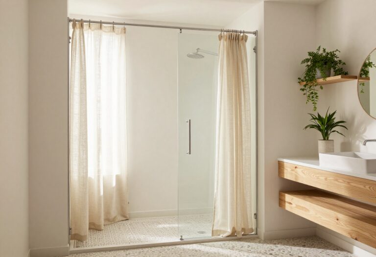 Stylish no-glass shower with textured curtains, pebble tiles, and plants in a bright, open bathroom setting.