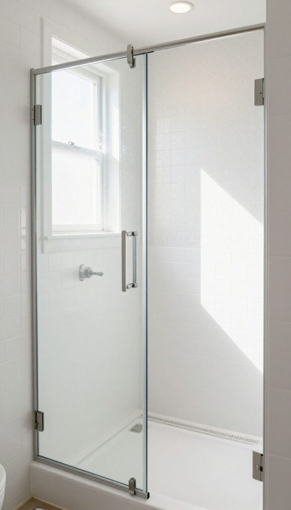 Bright walk-in shower with white patterned tile accent wall, geometric design, clear glass door, brushed nickel fixtures, natural light.