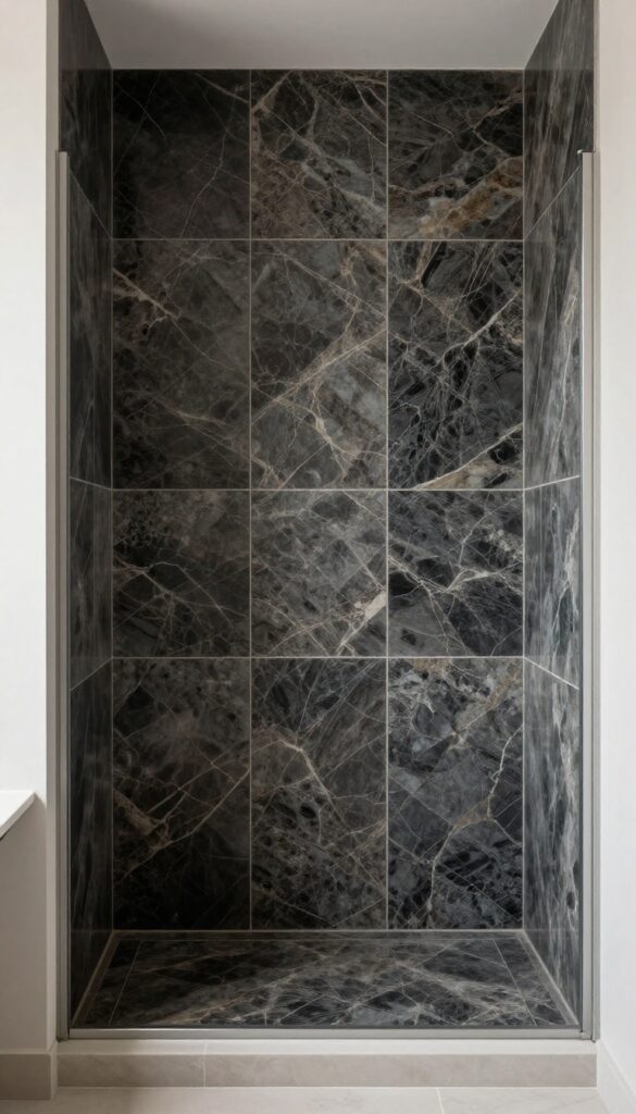 Close-up of dark onyx shower tiles with contrasting light gray grout lines, showcasing crisp definition and polished finish in a modern bathroom setting.