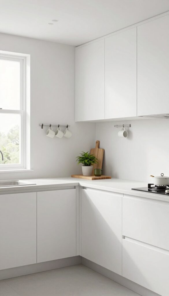 Compact galley kitchen with tall white cabinets, magnetic knife strip, and hooks for mugs, bright natural light, clean and spacious.
