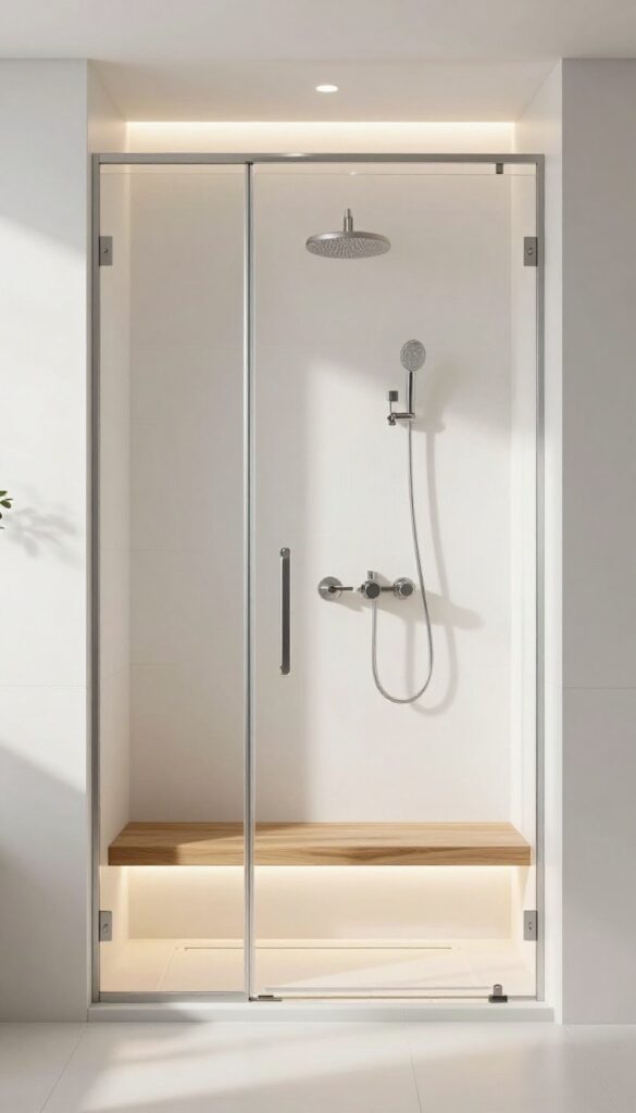 Walk-in shower with wooden bench and subtle under-bench lighting