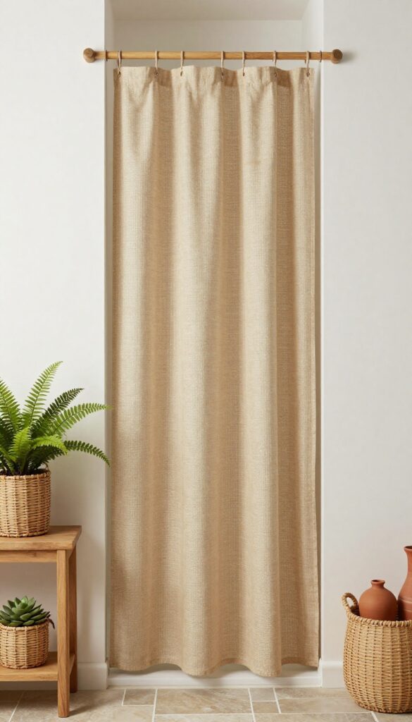 A rustic walk-in shower with an earthy jute-blend curtain, wooden elements, stone tiles, and potted plants, creating a soft and relaxed ambiance.