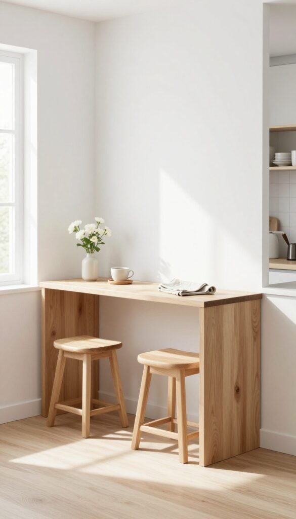 Narrow console table used as a breakfast bar in a small kitchen with two stools tucked underneath