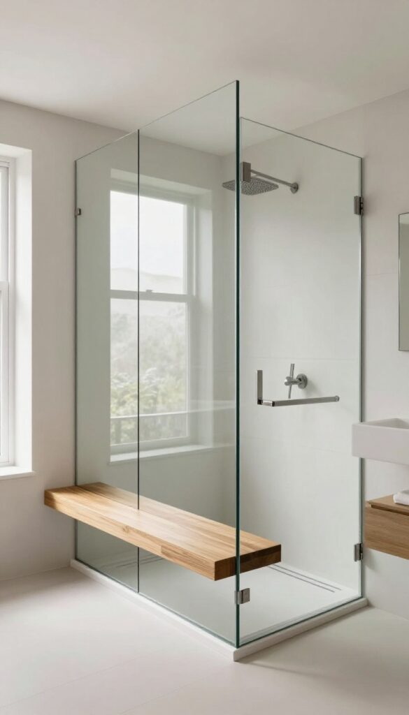 Walk-in shower with wooden bench and frameless glass partition, modern bathroom design