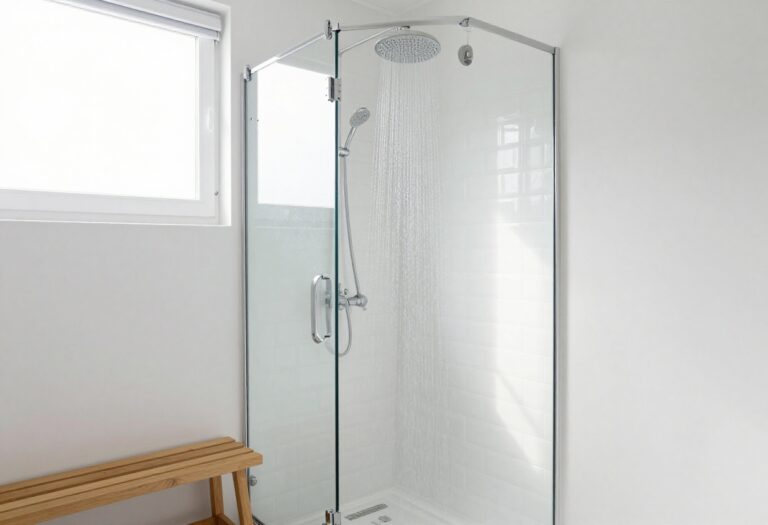 Small bathroom with frameless sliding glass shower door, white tiles, and natural light