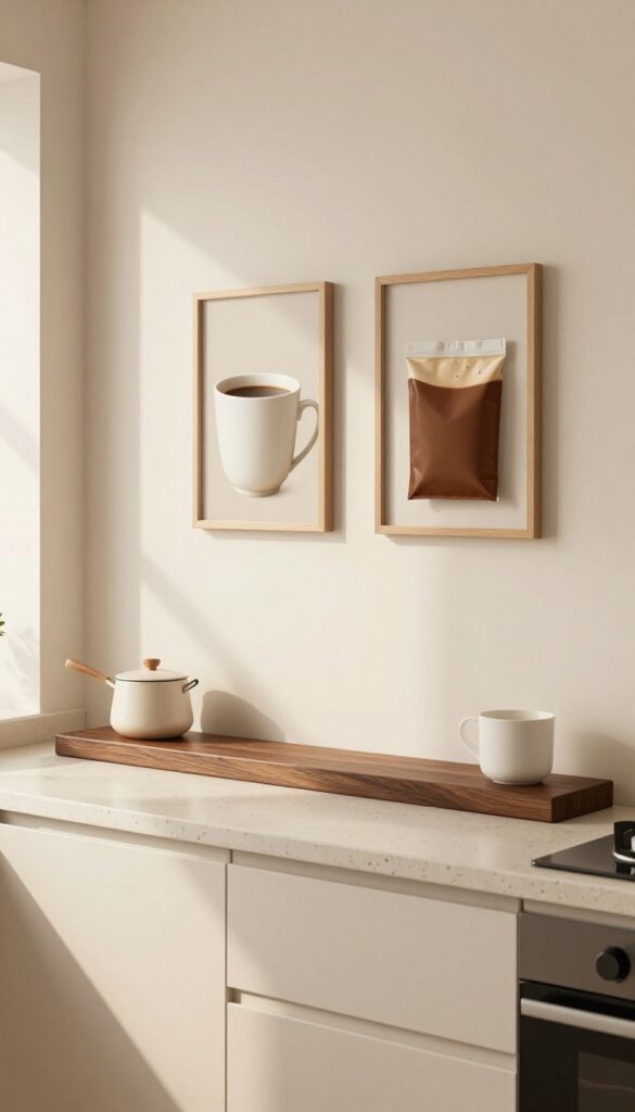 Cozy coffee station in a modern Minecraft kitchen with trapdoor shelf and item frame mugs