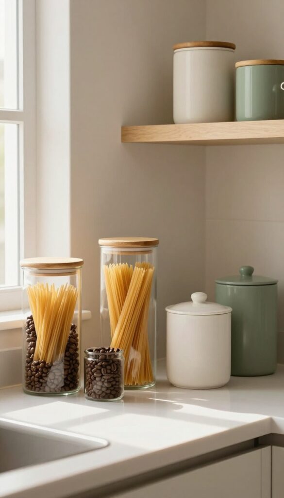 Decorative canisters on a kitchen countertop with open shelving, natural light, and a minimalist aesthetic.