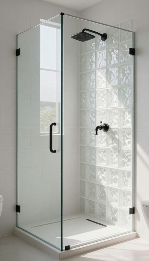 Modern bathroom with clear glass brick wall in shower letting in natural light