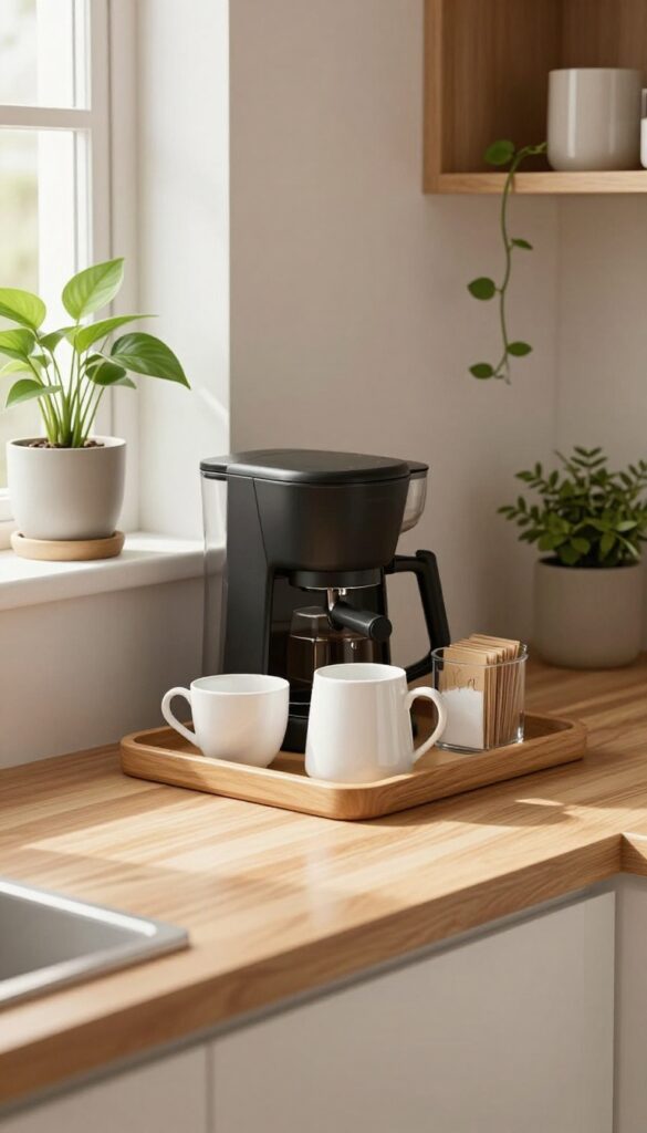 Cozy coffee station nook with tray, mugs, plant, and natural light in a modern kitchen
