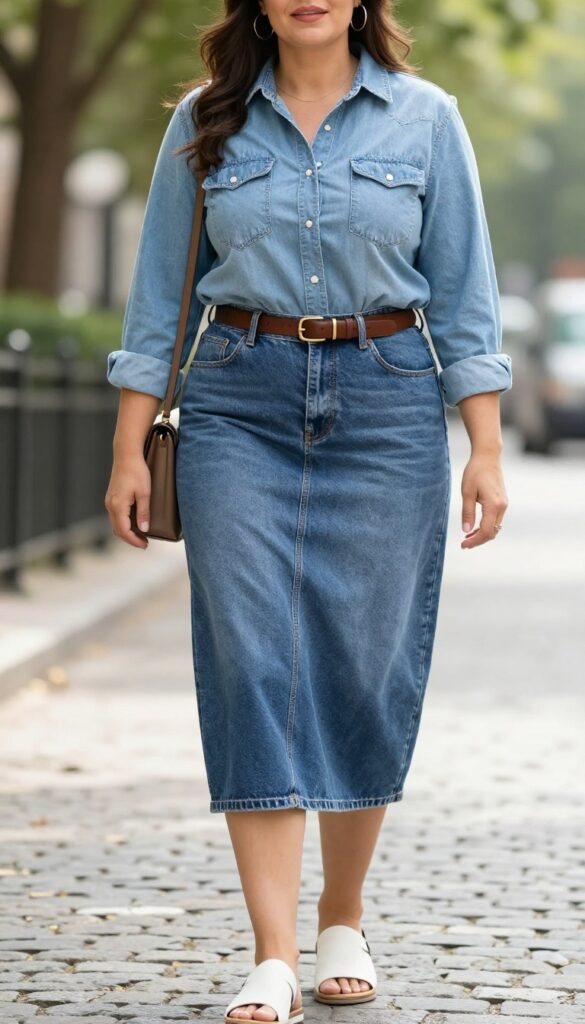 A curvy woman in a summer denim-on-denim outfit with different washes, featuring a light denim shirt, dark denim skirt, belt, white sneakers, and minimal accessories in a bright outdoor setting.