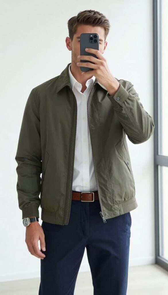 Man in olive bomber jacket, white button-down, navy chinos, and brown loafers taking a mirror selfie in bright office light.