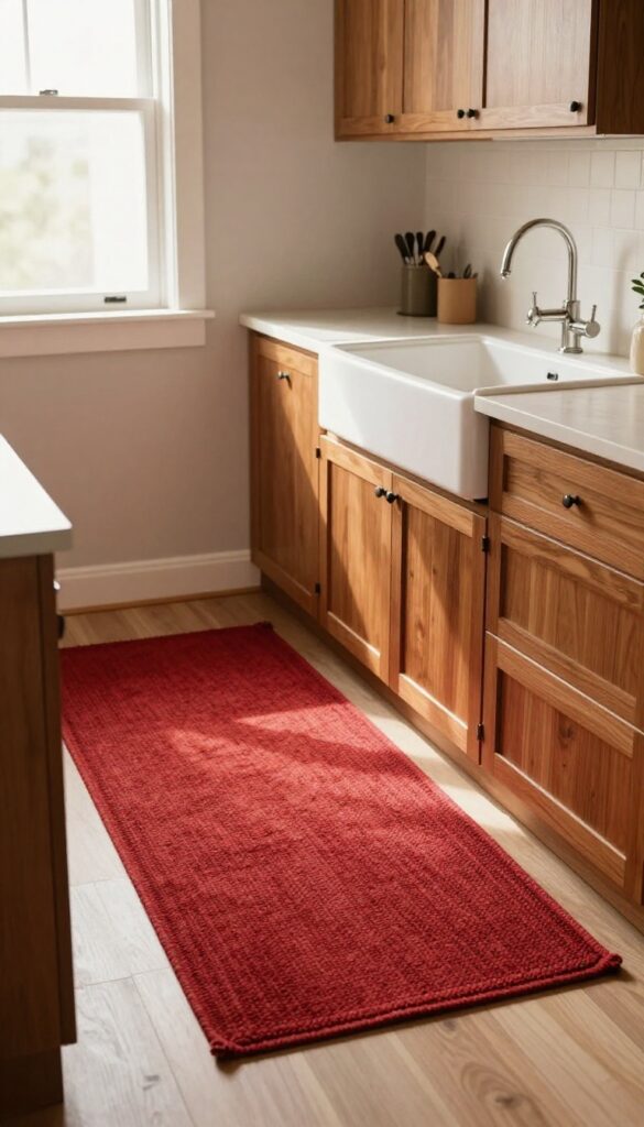 Cozy kitchen with a warm red rug in front of a sink, wooden cabinets, and natural light