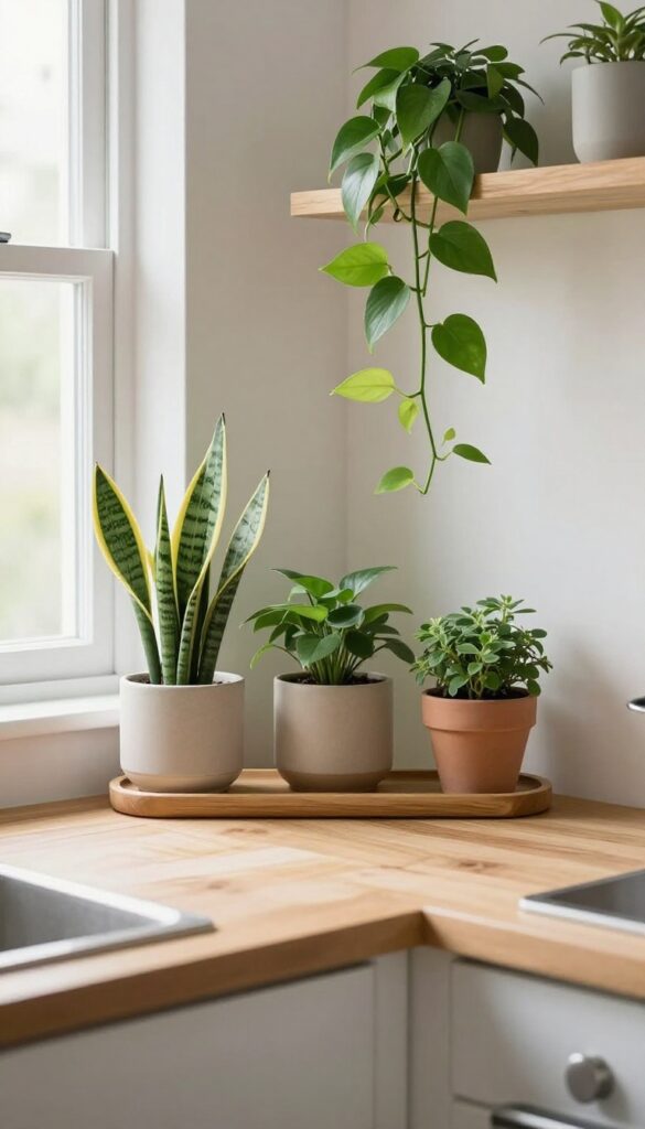 Kitchen with low-light plants on shelf and hanging pothos, bright natural light, clean composition.