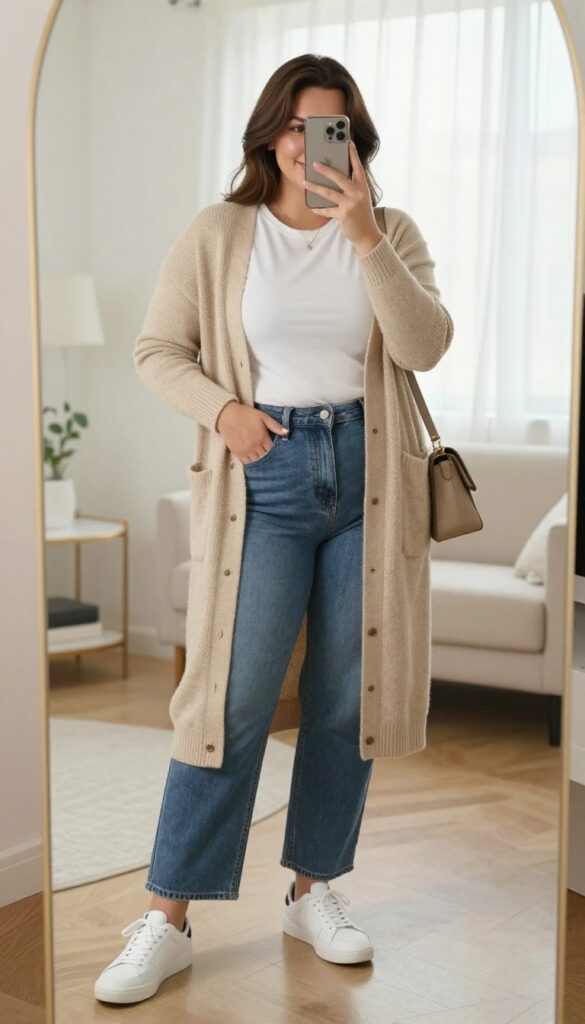 Plus-size woman in beige long cardigan, white tee, and jeans taking a mirror selfie in bright natural light.