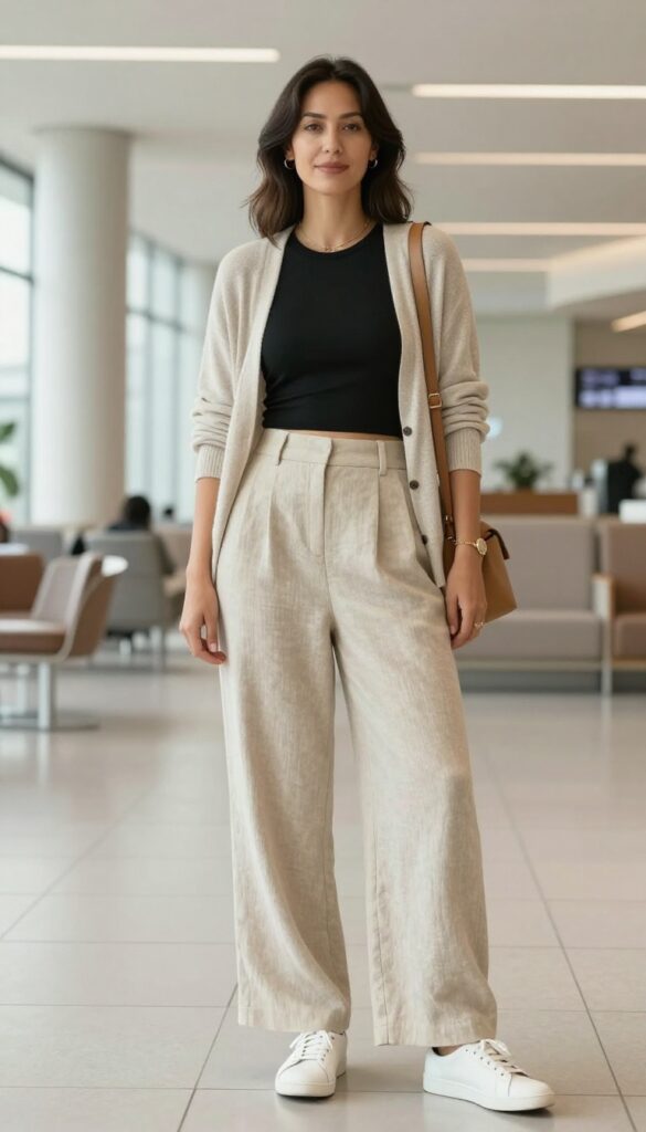A woman wearing beige linen pants and a black cropped tank with white sneakers and a cardigan in an airport setting, showcasing a comfy classy summer travel outfit.