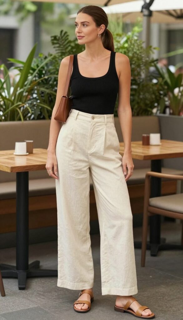 Mom wearing cream wide-leg linen pants and a fitted black tank top, with flat sandals and a structured brown bag, standing at an outdoor café in natural light.