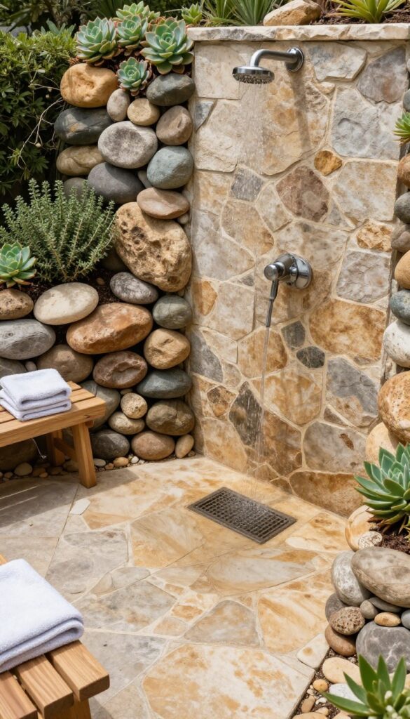 Outdoor shower with stone and pebble floor in a garden setting, showcasing natural texture and rustic charm for DIY inspiration.
